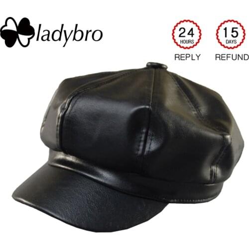 Ladybro Elegant Women Beret Hat Pu Leather British Painter Hat Lady Autumn Winter Hat Black Cap Femme Octagonal Hat Female Cap