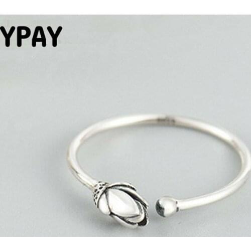 YPAY Genuine 925 Sterling Silver Open Rings for Women Ladies Vintage Lotus Flower Adjustable Finger Ring Fine Jewelry YMR383