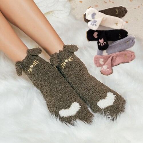 1 pair New Womens Cat Footprints Cute Claw Pattern Thick Coral Velvet Floor Socks Home Sleeping Socks Female Warm Winter gifts