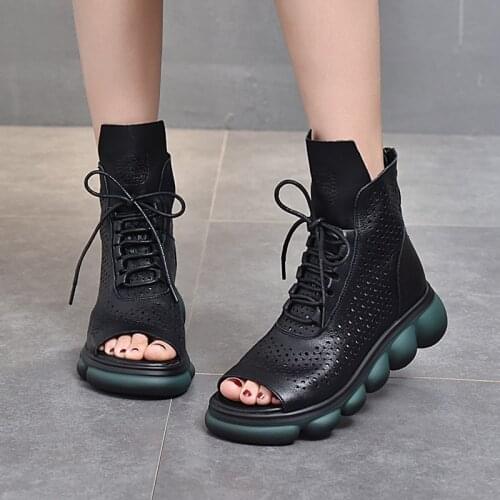 2021 Spring and Summer Hollow Sandals Leather Lace-up Martin Boots Womens Thick-soled Hole Shoes Fish Mouth Leather Sandals