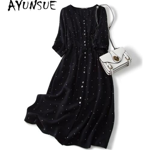 AYUNSUE Retro Natural Silk Dress Woman Summer Black Midi Party Dresses for Women Clothes Korean High Waist Vestido De Mulher KJ