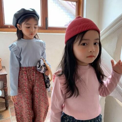 Kids Clothes Top Girls Clothes Ribbed Cotton Round Neck Long Sleeves T-shirts Causual School Shirt Ribbed Ruffles Blouse Shirts