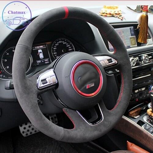 DIY Black Suede Red Stitch Steering Wheel Cover For Audi Q5 S5 2016-2019 Hand Sewing Genuine Leather Anti-slip fit all season