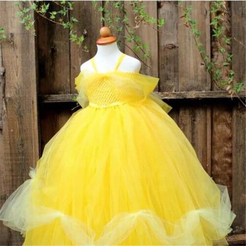Elegant Girls Yellow Tutu Dress Kids Crochet Flowers Tulle Dress Ball Gown Children Birthday Party Costume Princess Dresses