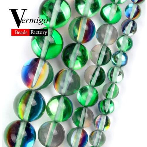 Smooth Green Austrian Crystal Round Beads For Jewelry Making 6/8/10/12mm Glitter MoonStone Beads diy Bracelets Accessories 15"
