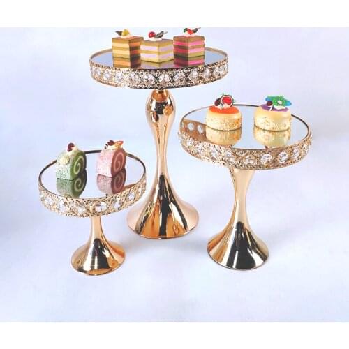 3pcs Crystal Metal Cake Stand Set Acrylic Mirror Cupcake Decorations Dessert Pedestal Wedding Party Display Tray