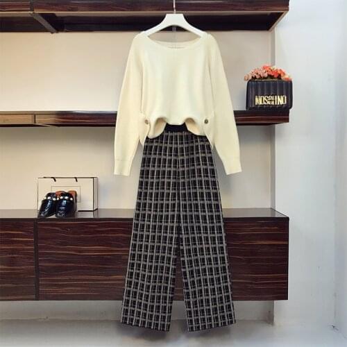 Large size top&pants set autumn winter split sweater plaid wide leg pants two-piece suit casual ensemble femme survetement