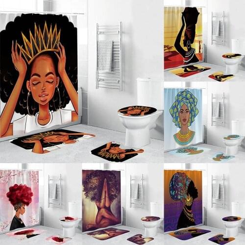 Beautiful African Girl Durable Fabric Shower Curtain Bathroom Set Carpet Cover Toilet Cover Bath Mat Pad 4 Pieces 8 Patterns