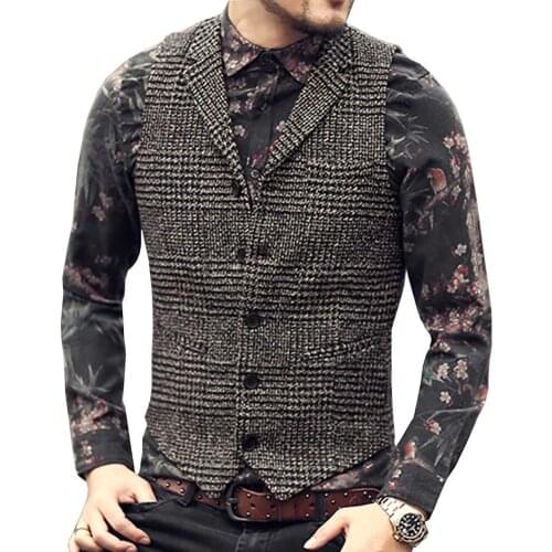 Suit Men Vest Lapel Neck Wool Brown Single-breasted Waistcoat Casual Formal Business Groomman For Wedding Best Man
