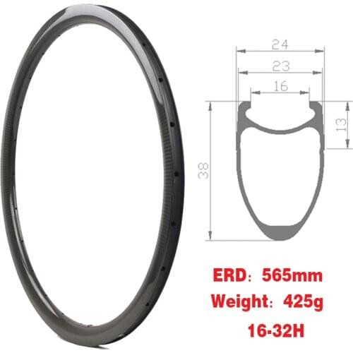 Road Disc / V Brake Rim T700+T800 Toray Carbon Fiber Road Bike Rim 425g Depth 38mm Width 23mm Road Rim Bicycle Rim 16-32 Holes