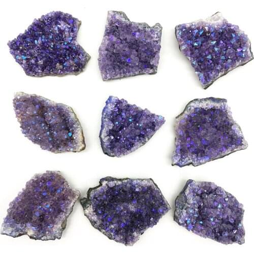 Drop shipping 1PC Electroplated Aura Natural Amethyst Quartz Purple Crystal Cluster Healing Stones Specimen Gift