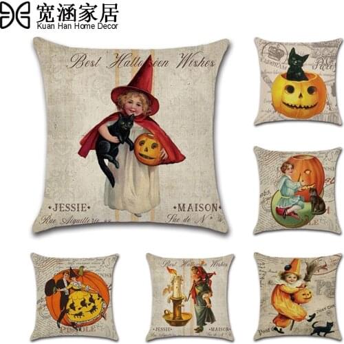 Retro Halloween Cushion Cover 45x45cm Cartoon Pillowcase Sofa Cushions Fall Pillow Cases Cotton Linen Pillow Covers Home Decor