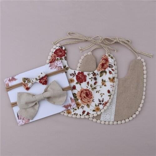 Blotona Newest 1PC Newborn Baby Boys Girls Cute Floral Saliva Towel Feeding Cotton Bib Bandana Scarf + 2Pcs Bowknot Headbands