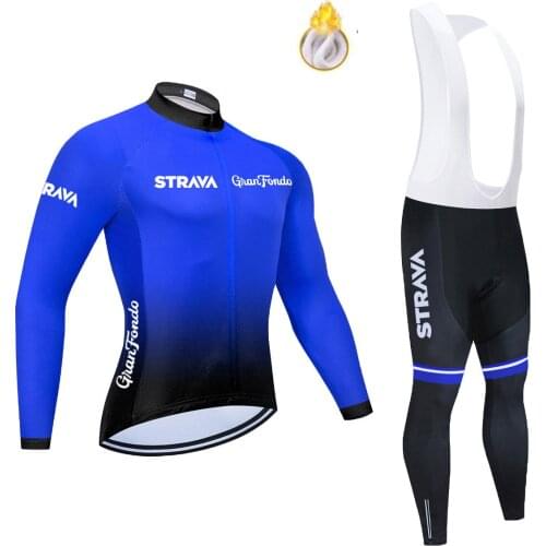 Team STRAVA 2021 Winter Men Long Sleeve Cycling Jersey Set Breathable outdoor Bike Clothes Ropa Maillot Ciclismo 20D Gel pad