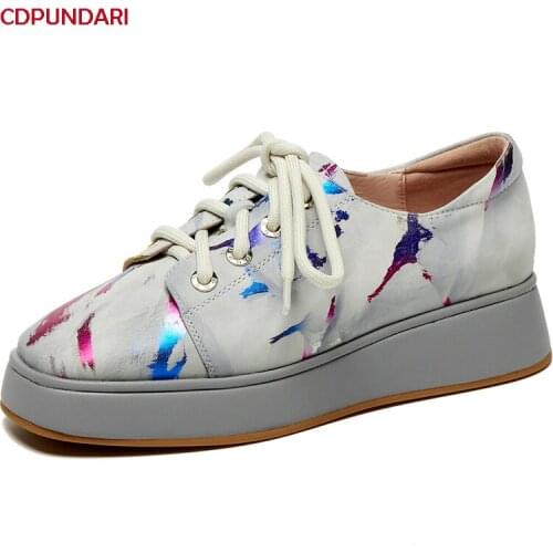 Print Genuine Leather Flat Platform Shoes Women Spring Summer Casual Flats Ladies Popular Loafers