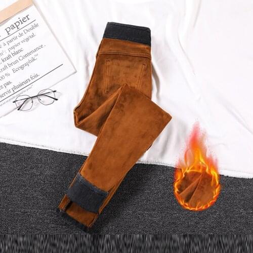 High Waist Double-Button Skinny Jeans Slim Stretch Ladies Trousers Female Denim Jeans Winter Womens Velvet Jeans Mom Warm Thick