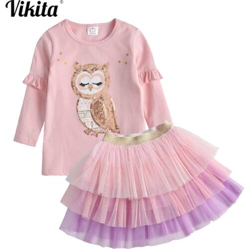 VIKITA Kids Girls Sets Autumn Spring Long Sleeve Cotton Owl Cartoon T-shirt + Lace Mini Tulle Skirt Kids Clothing Sets for Girl