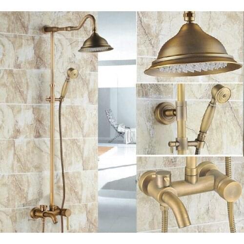 Vintage Retro Antique Brass Single Handle Lever Bathroom 8 Inch Round Rain Shower Faucet Set Tub Mixer Tap Hand Shower mrs221