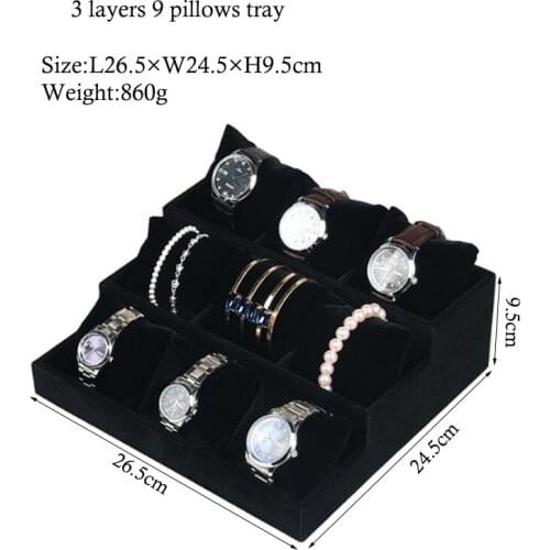 High Quality Luxury Black/Gray Velvet Linen Bracelet 9 Pillows Tray Watch Stud Hand Catenary Jewelry Tray Plate Holder Display