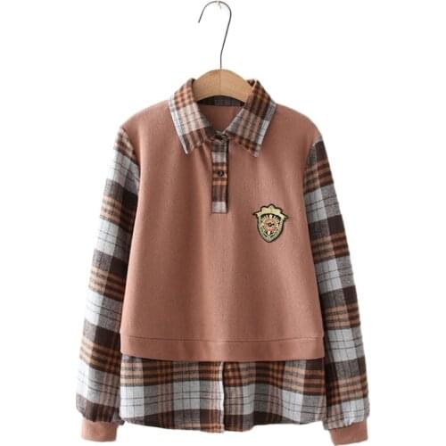 Japan Style Fashion Literary Women Spring Stitching Turn-Down Collar Fake 2 Piece Sweatshirt Girl Patchwork Pullovers 2012335