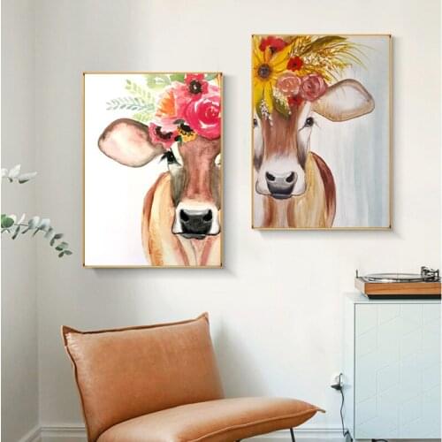 Funny Animal Cow with Flowers on Head Canvas Painting Wall Art Nordic Posters and Prints Wall Pictures for Living Room Decor