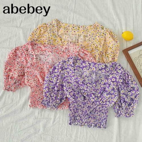 2021 New Summer Women Fashion All-match Floral Print Blouse ruched waist slim short Puff Sleeve Shirt Top