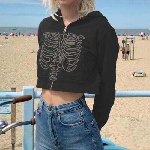 Women Casual Breastbone Print Hoodies Female Autumn Long Sleeve Zip Up Short Sweatshirts