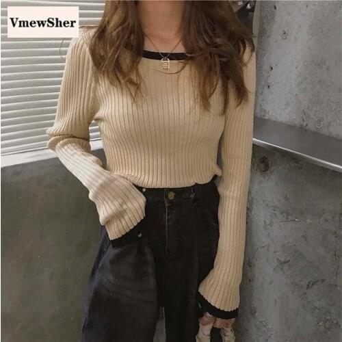 VmewSher New Women Sweater Autumn Spring Long Sleeve Jumper Color Block Slim Elegant Female O-Neck Casual Pullover Knit Top