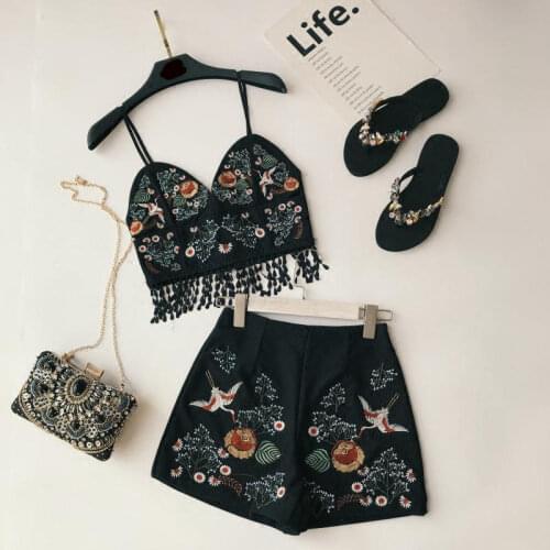Holiday Vacation Women 2 Pieces Sets 2021 Summer New Embroidery Tassel Strap Tops + High Waist Shorts Beach Style Clothing Suits