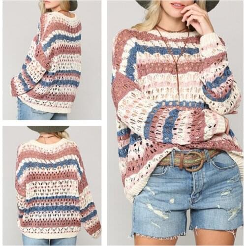 Women Round Neck Hooded Sweater Spring Patchwork Knitted Sweater Elegant Striped Long Sleeve Pullovers Casual Loose Jumper Tops