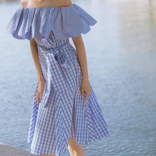 Ruffles Trim Slash Neck Womens Plaid Robe Summer 2021 Ladies Off-Shoulder Holiday Lace-Up Type Midi Dresses