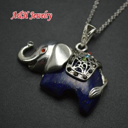 1pc Blue Color Natural Lapis Lazuli Setting In Ancient Silver Elephant Pendants 18'' Chain Fashion Women Necklace
