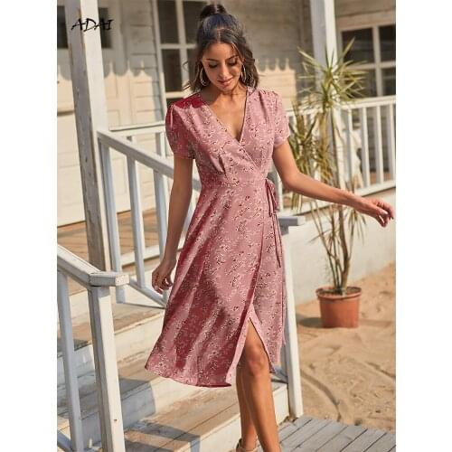 10 Colors Bohemian Floral Print Summer Dress Sexy V Neck Lace Up Short Sleeve Holiday Beach A-Line Midi Dresses Casual Vestidos