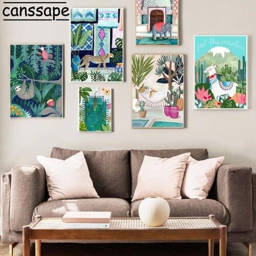 Abstract Wall Art Posters Green Plant Print Woodland Animal Painting Elephant Leopard Poster Nordic Pictures Living Room Decor