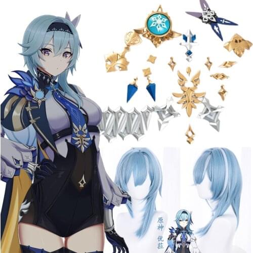 Game Genshin Impact Eula Cosplay Costume Accessories Halloween Costume Props Blue highlight gradient wigs Head waist chest props