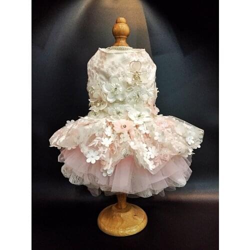 Free Shipping Handmade Dog Clothes Dog Dress Light Pink Diamond Flowers Embroidery Tulle Lantern Skirt Pet Cat Tutu Yorkie