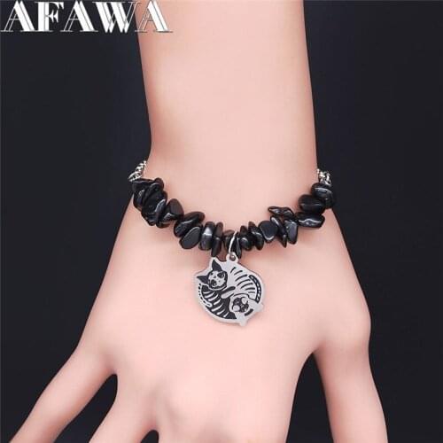 AFAWA Goth Skull Yin Yang Cat Stainless Steel Black Natural Stone Silver Color Chain Bracelet Jewelry pulseras mujer B1808S02