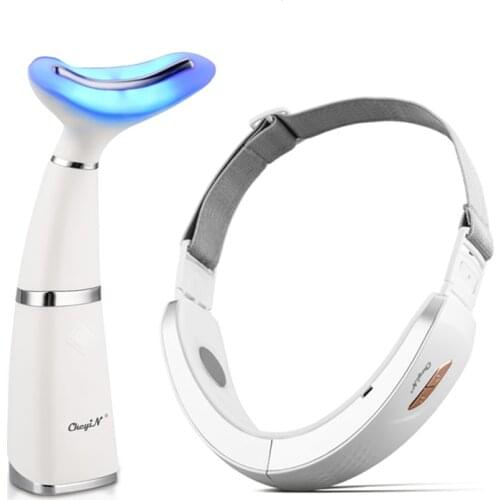CkeyiN EMS V Face Lifting Shaping Belt Neck Vibrate Massager Care LED Photon Therapy Face Slimming Reduce Double Chin Device