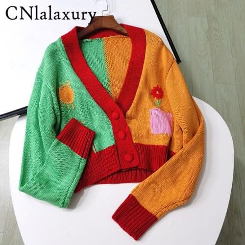 CNlalaxury 2021 New Women Autumn Winter New V Neck Single Breasted Loose Short Sweater Sweet Long Sleeve Female Knitting Top