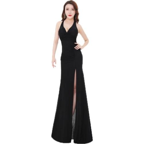 Elegant Cocktail Maxi Evening Prom Party Dress Halter Bandage Deep V Fit And Flare Long Dresses Women Black Slim Split Hem Dress