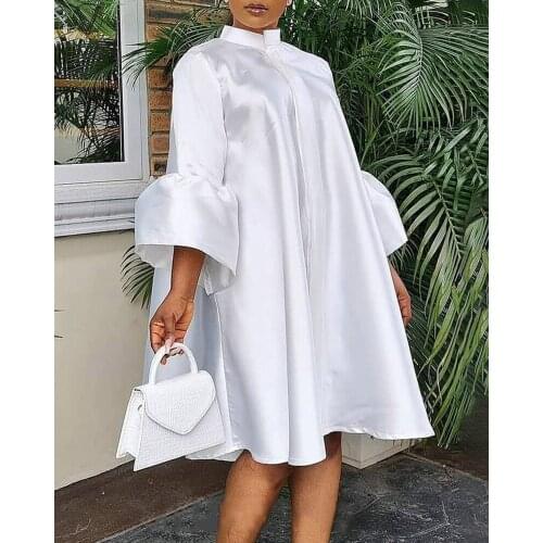 VAZN 2021 INS Young White Plus Size High-end Chiffon Office Lady Open Stitch Sexy Elegant Half Sleeve Women Loose Mid Dress