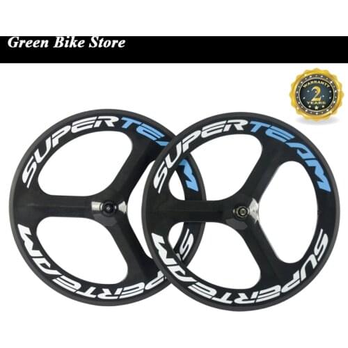 SUPERTEAM Front Carbon Wheels Fixed Gear Bike 70mm Depth 3 Spoke Wheel Carbon Track Bike Tri Spoke Wheels Clincher 3k Glossy