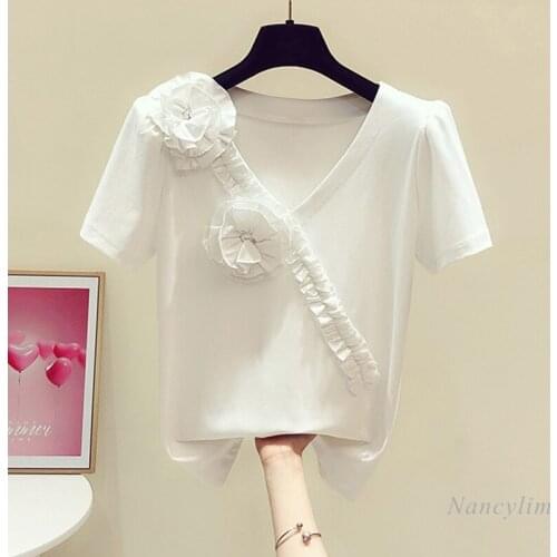 Three-Dimensional Flower Ruffle V-neck T Shirt Women Short Sleeve Cotton Tees 2021 Summer New Korean Style Girl Ladies Tops