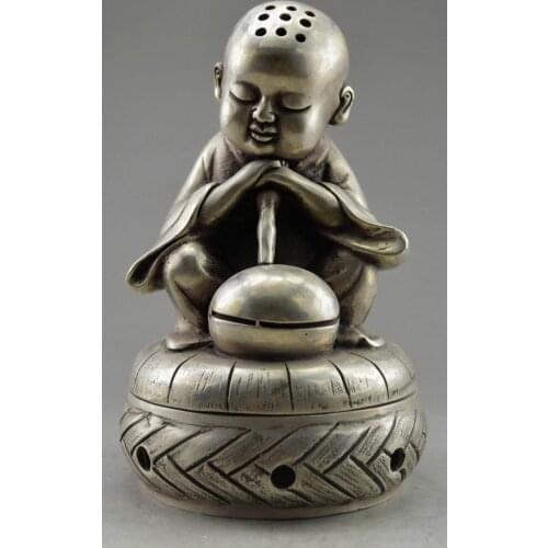 Collectible Decorated Old Handwork Tibet Silver Carve Monk Prayer Incense Burner