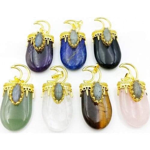 Antique gold and Crystal Quartz Labradorite Gems stone Moon Pendant Ornate Desgin Lunar Pendant polished obsidian rose quartzs