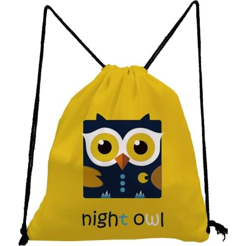 Square Owl Printed Backpack Cartoon Animal Drawstring Bag Casual Yellow Storage Bag Portable Shoe Bag to School Fashion Book Bag