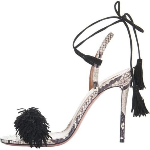 Hot Selling Snake Skin Leather Tassel Lace-up Women Sandals Thin Heels Cut-out Cross Tied Gladiator Sandals Shoes Women