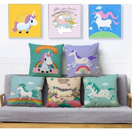 Cute Cartoon Unicorn Pegasus Print Throw Pillow Cover 45*45 Square Cushion Cover Linen Pillow Case Sofa Home Decor Pillows Cases