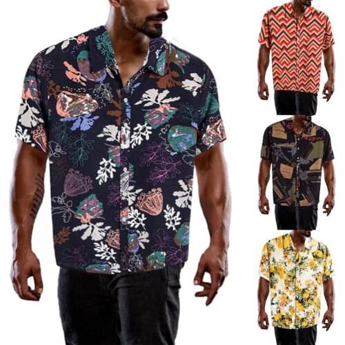 Mens Hawaiian shirt lapel print short-sleeved tropical leaf pattern floral shirt casual summer Hawaiian holiday top