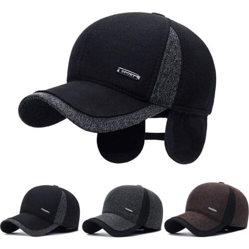 Mens Warm Winter Wool Baseball Cap Ear Flaps Brand Snapback Hats Thicken Cotton Fitted Cap Gorra Hombre Trucker Cap Gorro Unisex